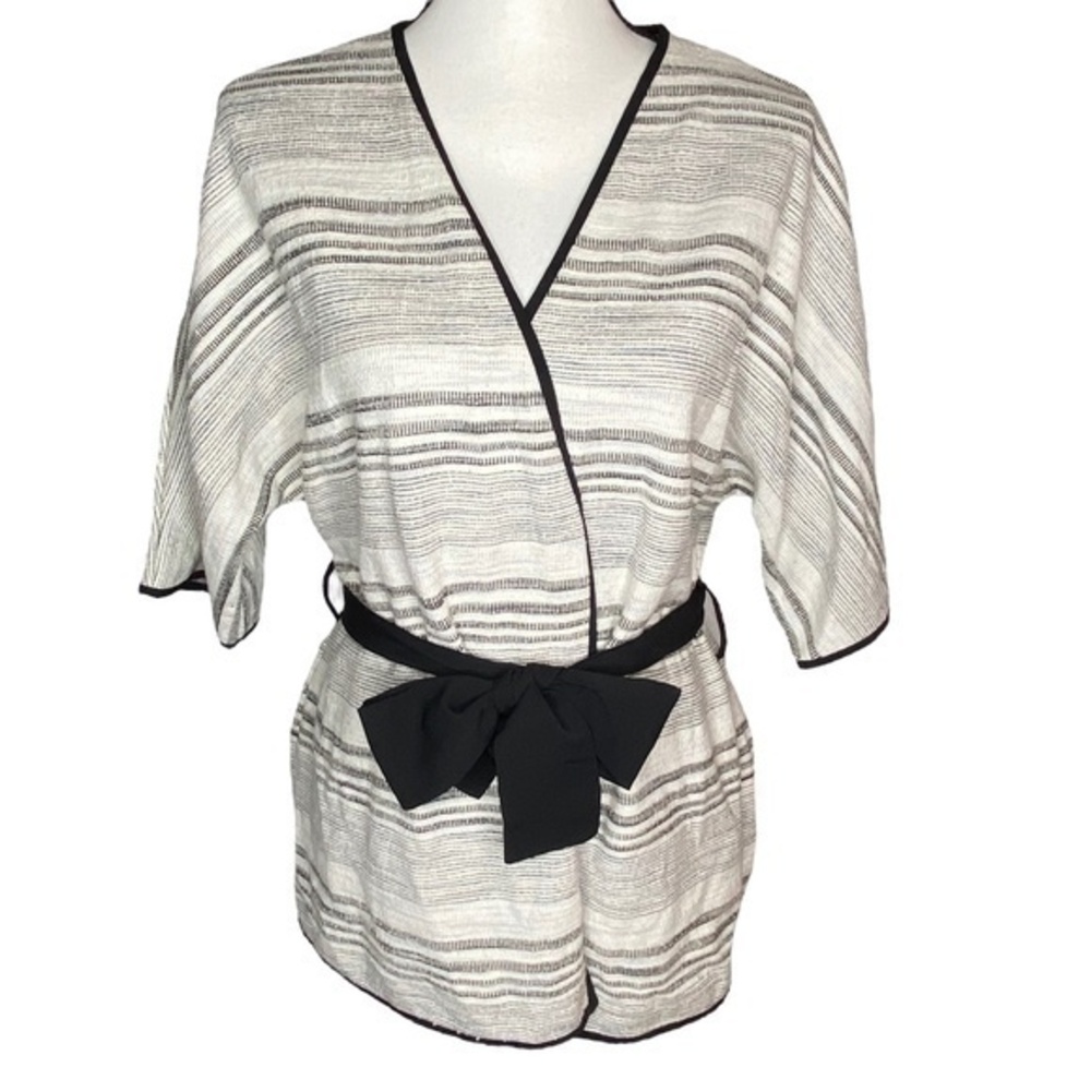 Reserved Cardigan Black Cream Stripe Knit Kimono Style Tie Waist Short Sleeve